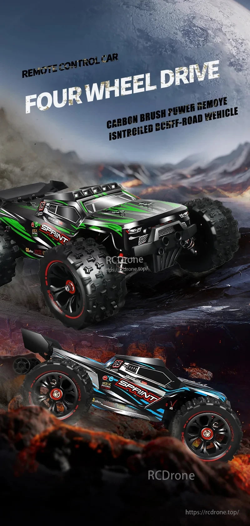 1:16 4WD RC Car, Remote control car with 4WD, carbon brush power, high performance, durable design for rugged terrain.