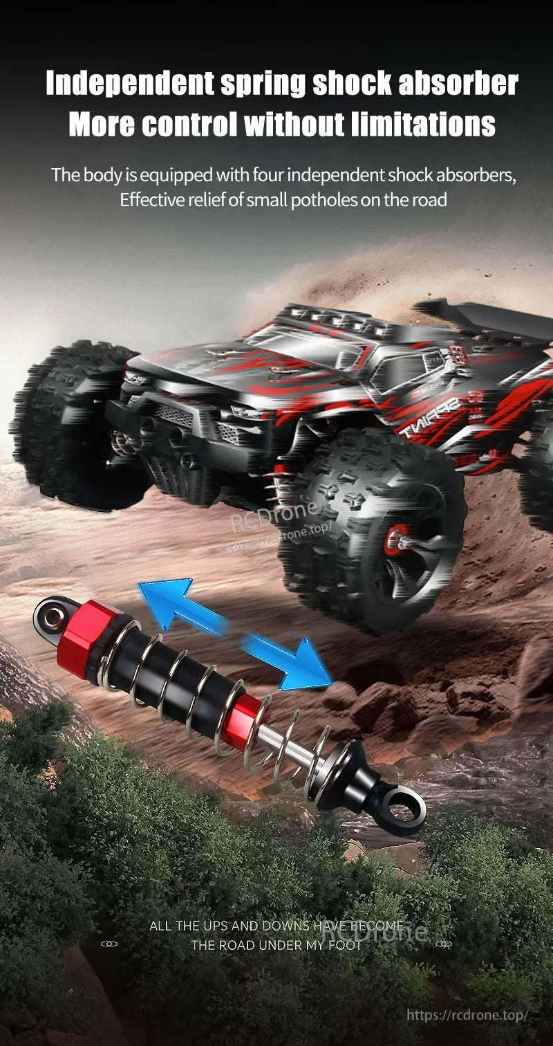 The 1:16 4WD RC car features independent spring shock absorbers for better control and smooth off-road performance.