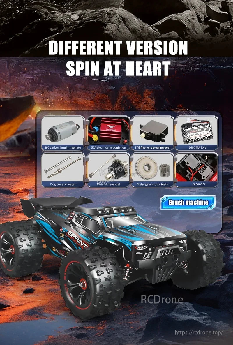 1:16 4WD RC Car, A 1:16 scale 4WD RC car with a brush motor, carbon brushes, 50A ESC, 17G servo, 1600mAh battery, metal differential, and durable gears.