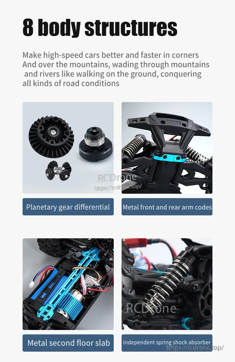 1:16 4WD RC Car, Eight body structures improve RC car performance using a planetary gear differential, metal arms, floor slab, and independent shock absorbers.