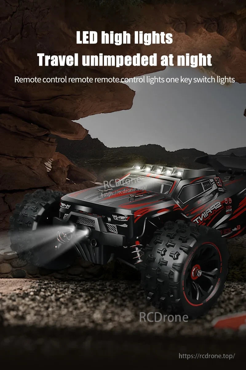 LED lights enable night travel; remote control switches them on/off. 1:16 4WD RC car with rugged design and strong illumination.