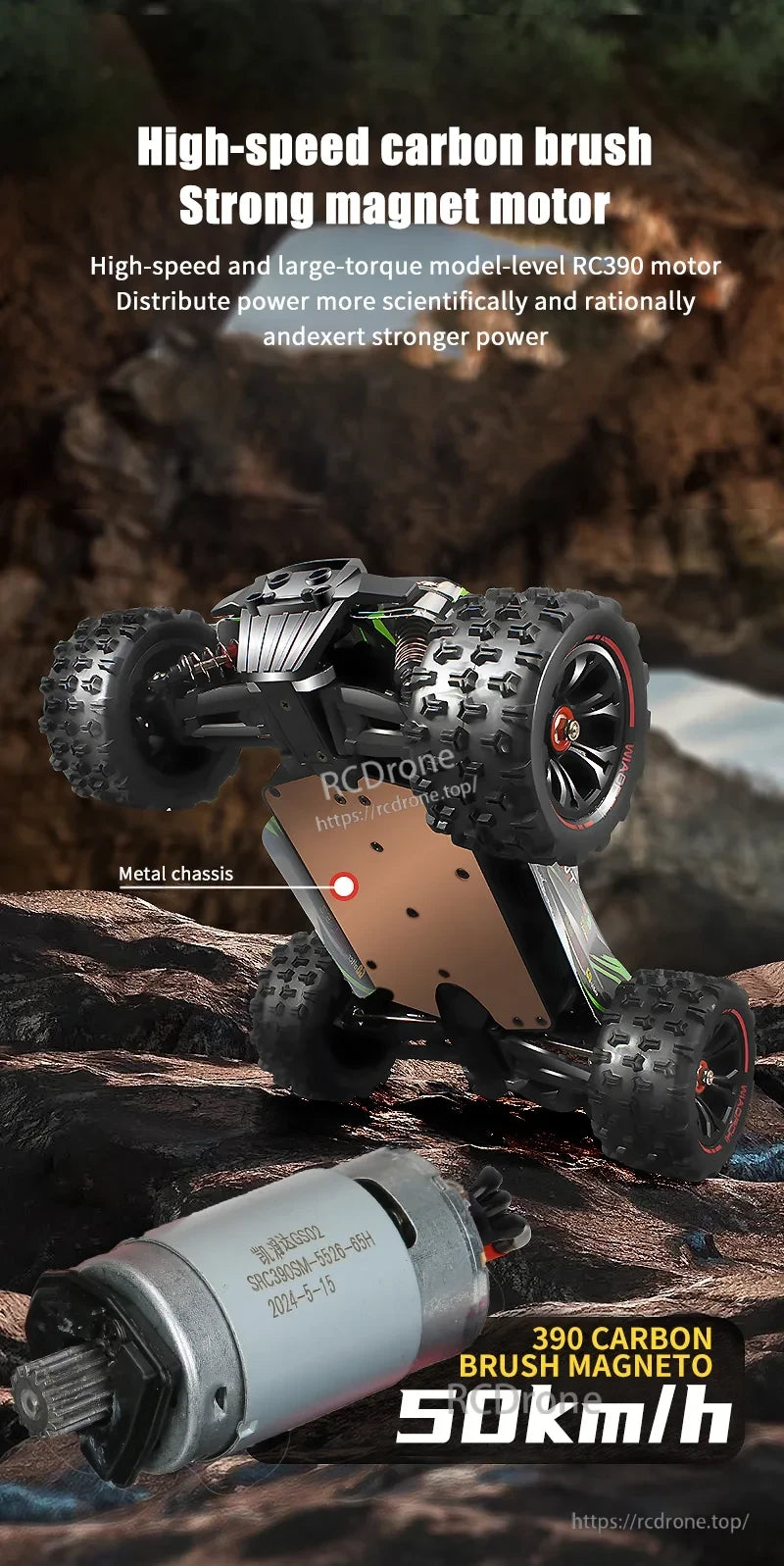 1:16 4WD RC Car, High-speed motor, metal chassis, 50km/h, model-level performance, scientific power distribution, robust design for extreme terrain.