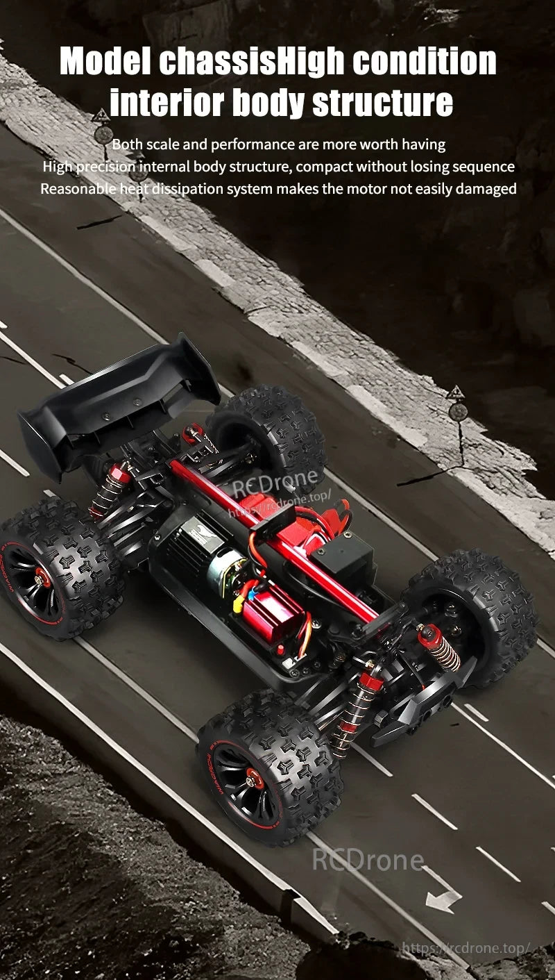High-performance 1:16 4WD RC car featuring a durable chassis and efficient heat dissipation.