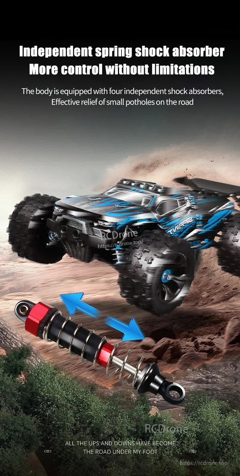 1:16 4WD RC Car, A 1:16 scale 4WD RC car with independent spring shocks for better control and smooth performance on rough terrain.