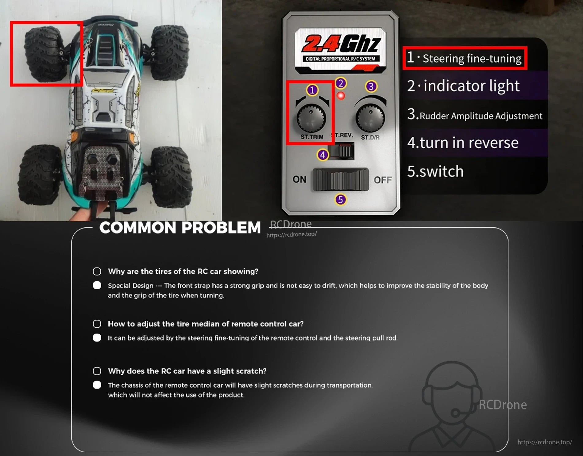 1:16 4WD RC car with 2.4GHz system, steering adjustment, reverse turn, and power switch. Common issues: tire grip, adjustment, and transport scratches.