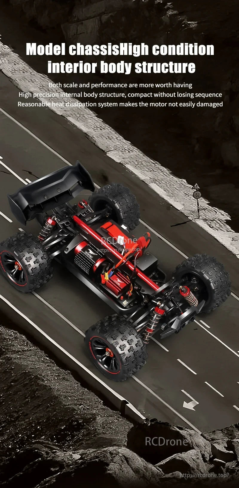 High-performance 1:16 4WD RC car featuring a durable chassis and effective heat dissipation.