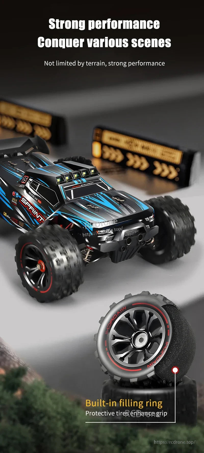 1:16 4WD RC Car, High-performance 4WD RC car with strong off-road capability and grip-enhancing tires.