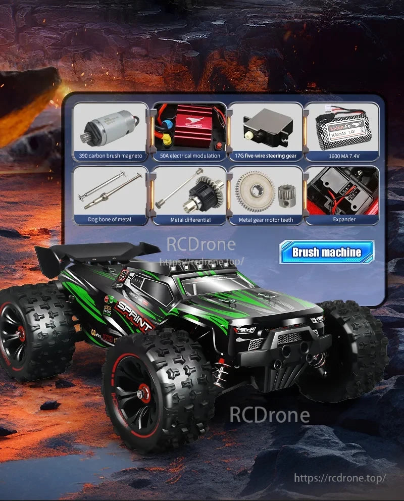 1:16 4WD RC Car, A 4WD RC car featuring a brush motor, metal gears, differential, 7.4V battery, 390 motor, 50A ESC, 17G steering gear, and expander.