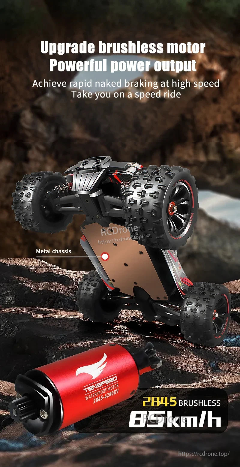 1:16 4WD RC Car, Upgraded brushless motor with powerful output, metal chassis, 85km/h speed, and waterproof 2845 motor.
