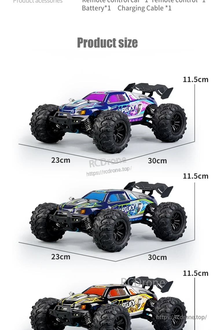 1:16 RC car, 30x23x11.5cm. Includes remote, battery, cable. Three colors available.
