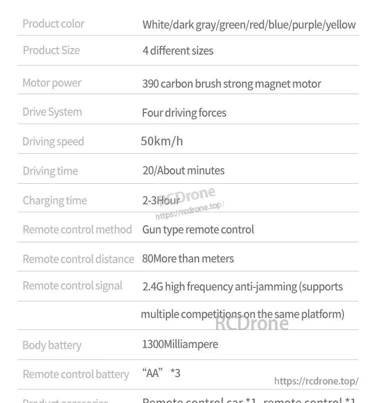 1:16 RC car: multiple colors, 4 sizes, 390 motor, 4WD, 50km/h, 20 mins runtime, 2-3 hrs charge, gun remote, 80m range, 2.4G, 1300mAh battery, requires 3 AA batteries.