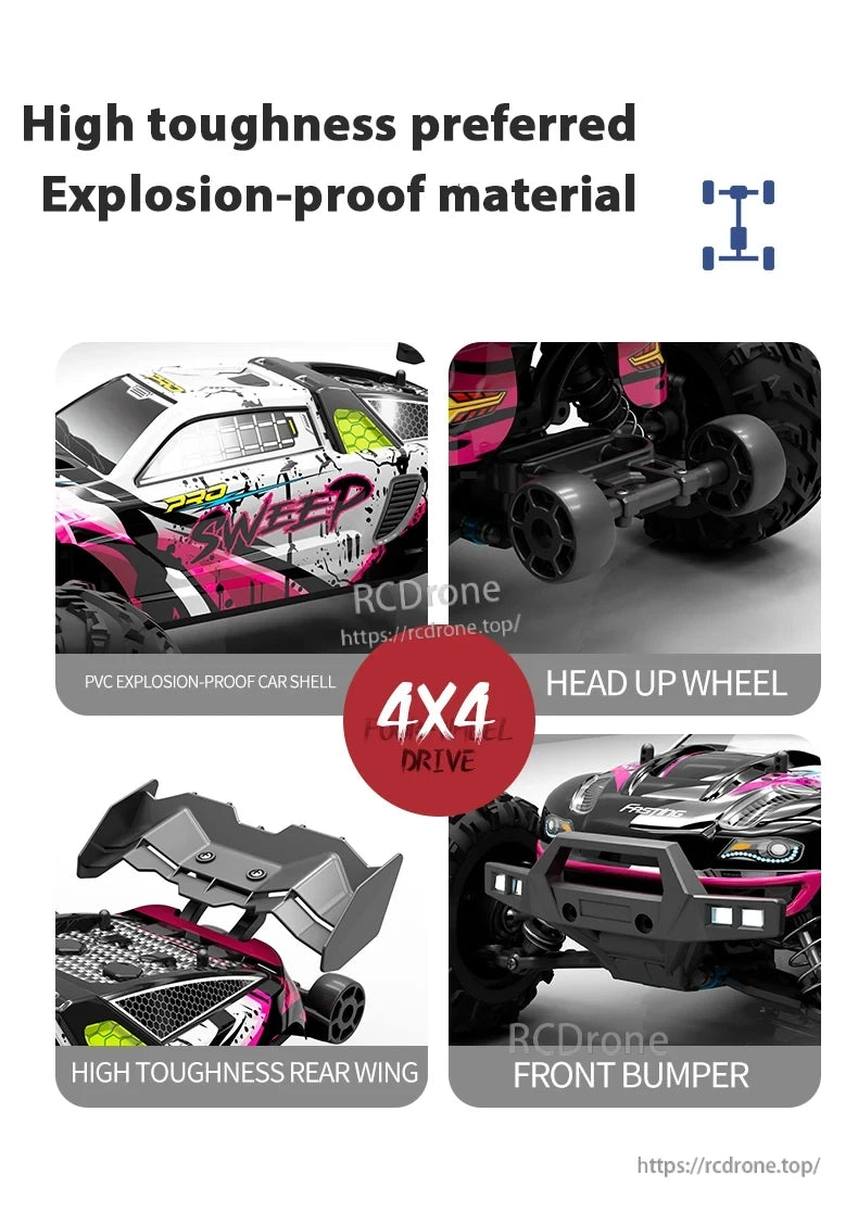 1:16 RC Car, High-toughness, explosion-proof RC car with 4x4 drive, PVC shell, head-up wheels, rear wing, and front bumper.