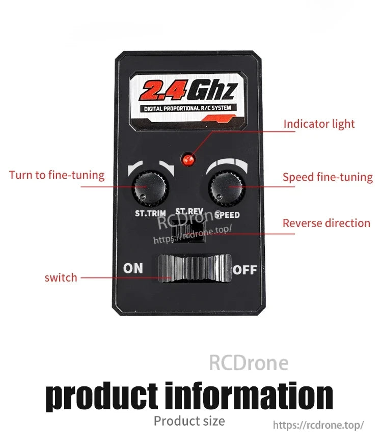 2.4GHz digital proportional RC system with tuning knobs, reverse switch, and indicator light for precise 1:16 RC car control.