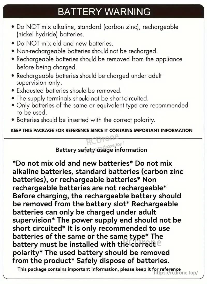 1:16 RC Car, Do not mix battery types or old/new batteries. Avoid recharging non-rechargeable ones. Charge rechargeables under supervision. Remove dead batteries. Use correct polarity and same type. Keep packaging.