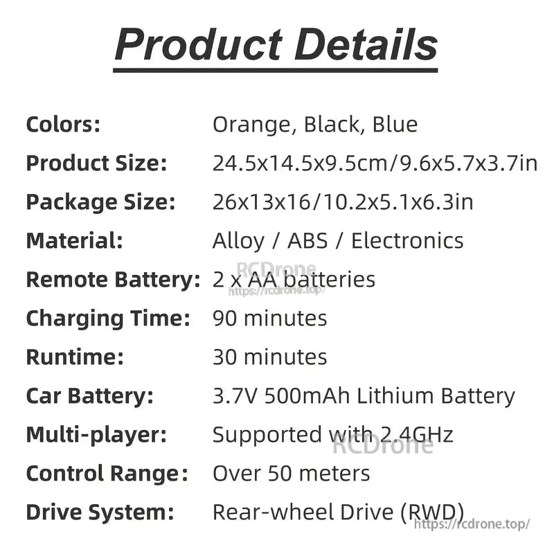This 1:16 RC car, available in three colors, features a 2.4GHz remote, rear-wheel drive, and 30 minutes of playtime after a 90-minute charge.