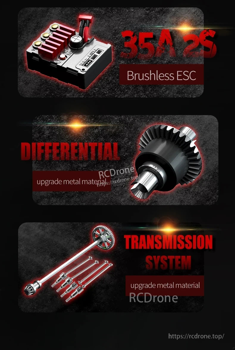 1:16 RC Car, 35A 2S Brushless ESC, upgraded metal differential, and transmission system for enhanced performance.