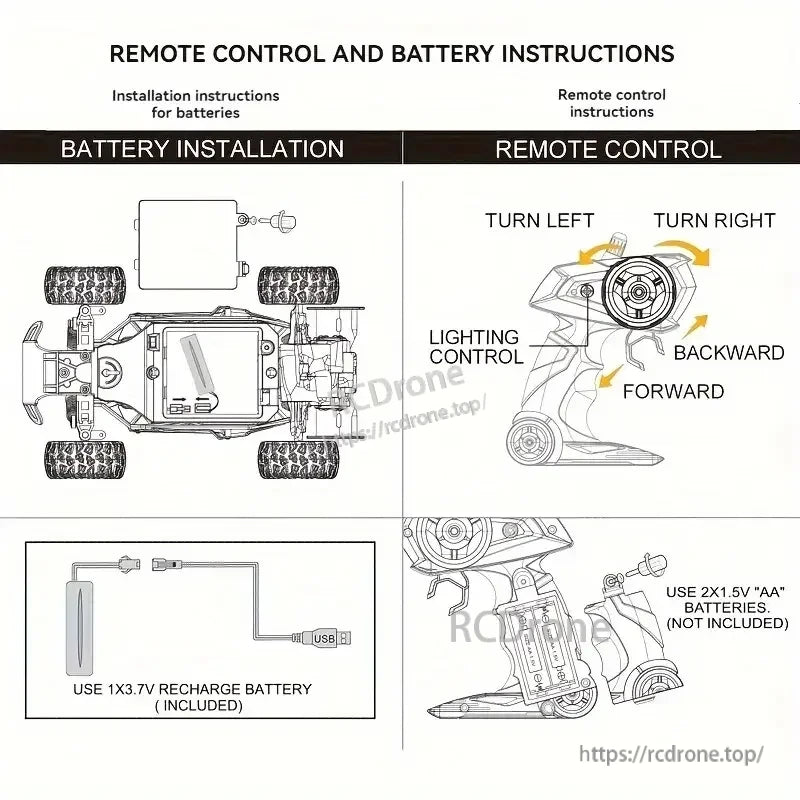 Instructions for a 1:16 RC car: install 3.7V battery, use remote with AA batteries, and control movement and lights.