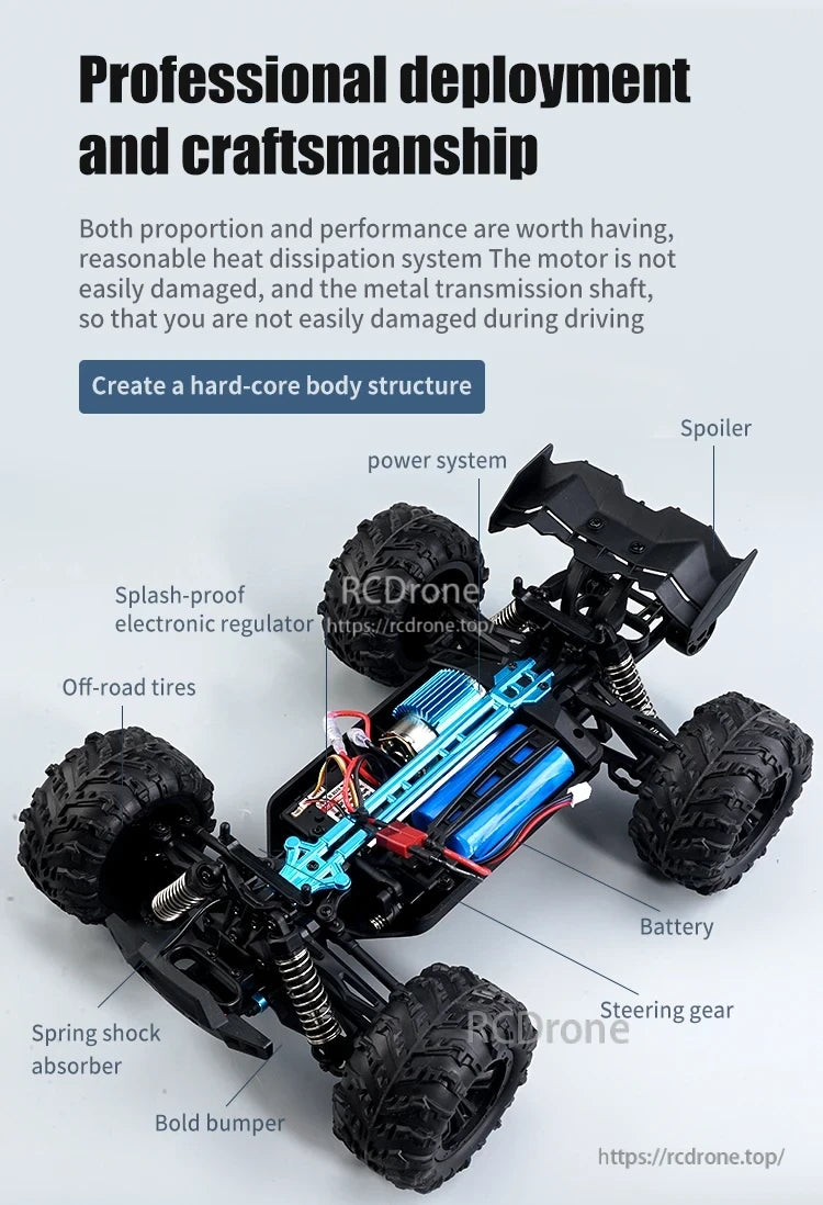 1:16 RC Car, Durable professional RC car with off-road tires, shock absorbers, metal transmission, and efficient power system for long-lasting performance.
