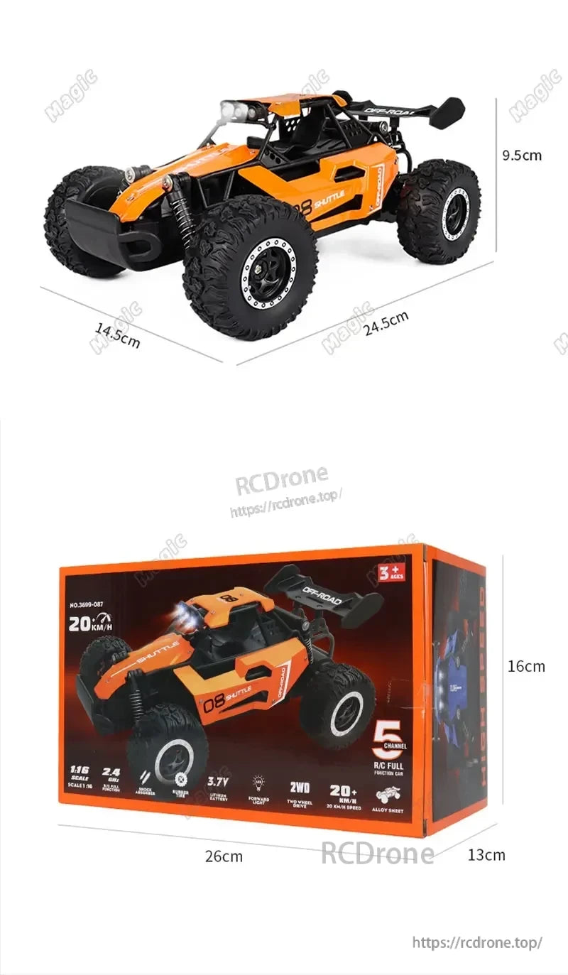 1:16 RC Car, 1:16 scale 2.4GHz RC off-road car with 5-channel, 20+ km/h speed, 3.7V battery, 2WD, alloy body, LED lights, shock absorption, full functions, suitable for ages 8+. Dimensions: 24.5x14.5x9.5 cm. Packaging: 26x13x16 cm.
