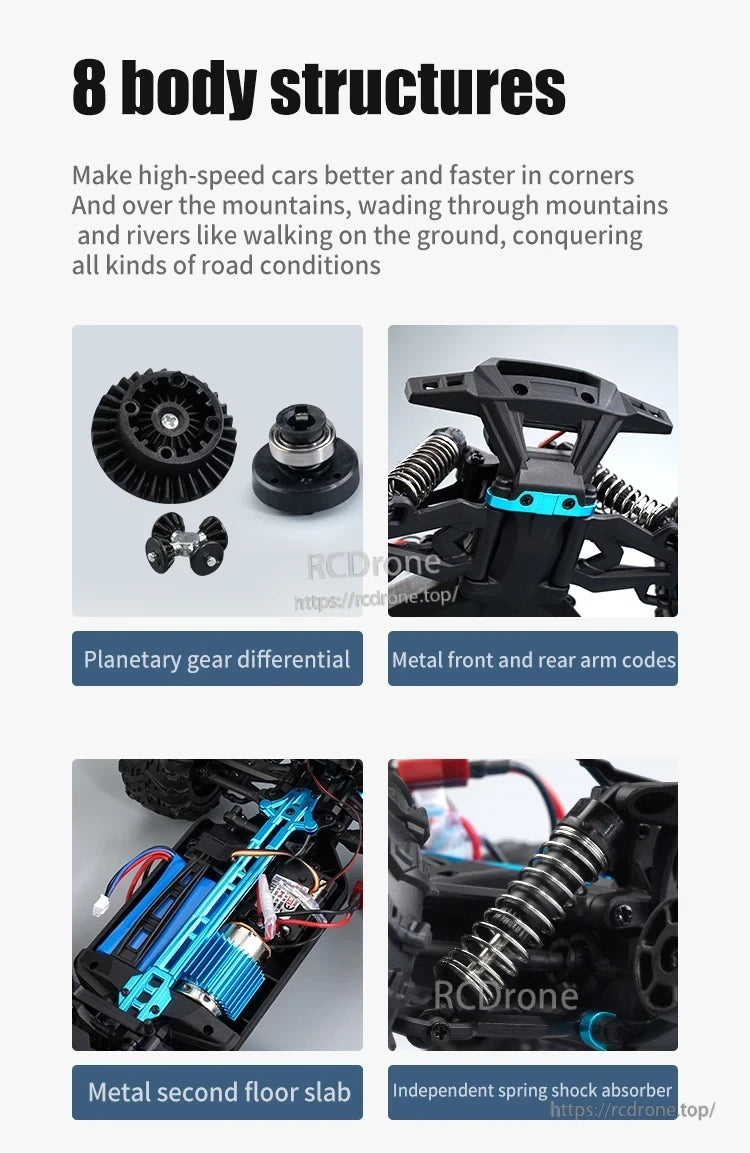 1:16 RC Car, Eight body structures improve RC car performance with planetary gear differential, metal arms, floor slab, and independent shock absorbers for all terrains.
