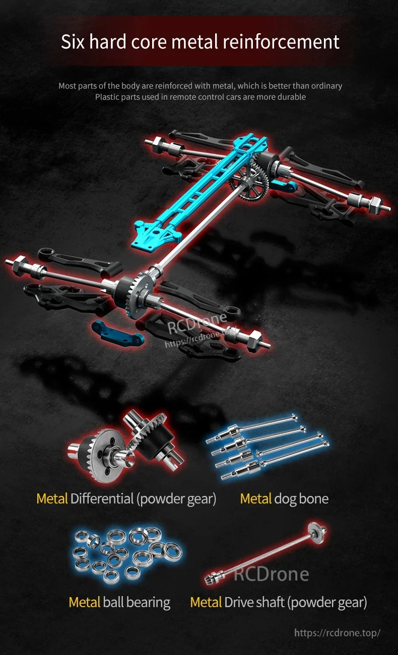 1:16 RC Car, Six metal reinforcements improve durability: differential, dog bone, ball bearings, and drive shaft.