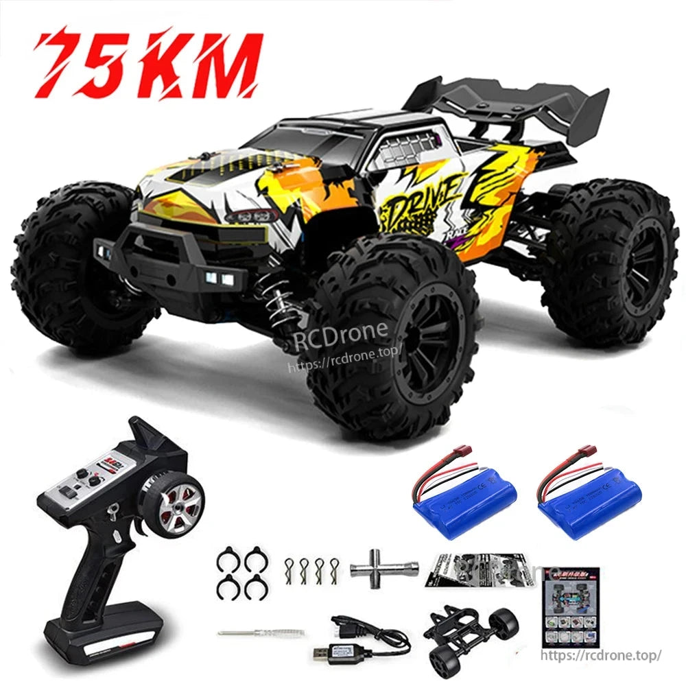 1:16 RC Car, A high-speed 75km/h RC monster truck with 4WD, brushless motor, LED lights, metal transmission, and 2.4G remote control.
