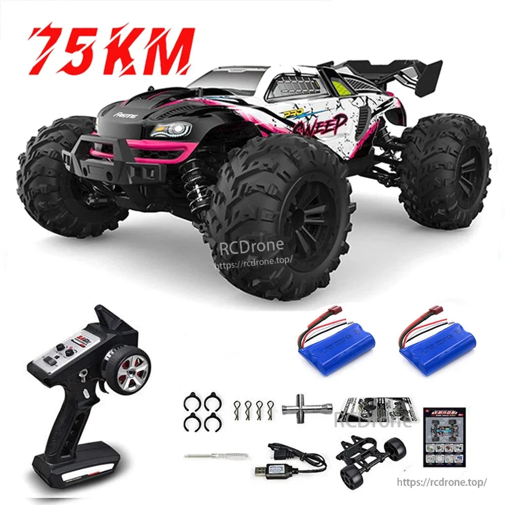1:16 RC Car, A 75 km/h RC monster truck with 4WD, LED lights, metal transmission, and a 2.4G remote.