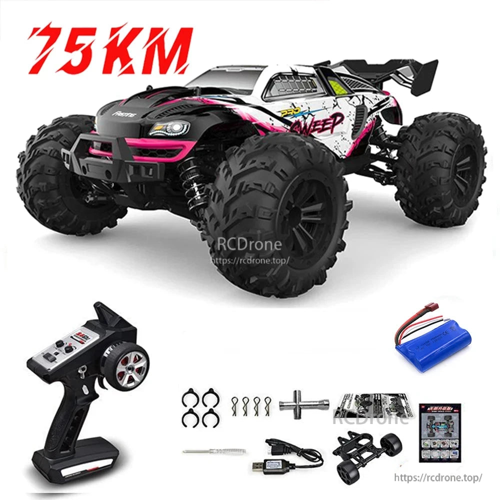 1:16 RC Car, A 75 km/h RC monster truck with 4WD, brushless motor, LED lights, metal transmission, and 2.4G remote control.