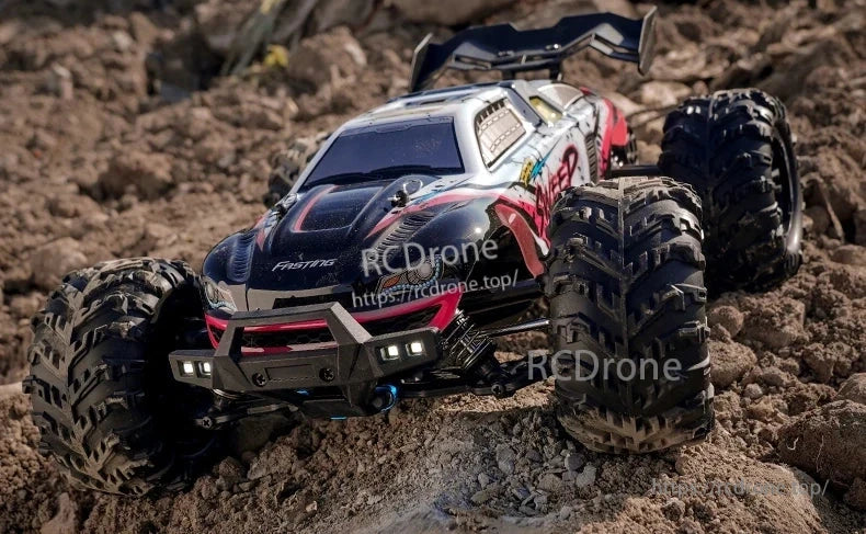 1:16 RC Car, 1:16 RC off-road monster truck with 75 km/h brushless or 50 km/h brushed motor, 4WD, LED lights, metal transmission, and 2.4G remote control.