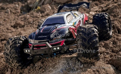 1:16 RC Car, 1:16 RC off-road monster truck with 75 km/h brushless or 50 km/h brushed motor, 4WD, LED lights, metal transmission, and 2.4G remote control.