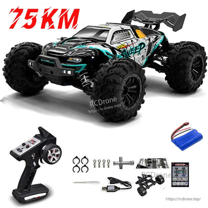 1:16 RC Car, A high-speed 75km/h RC monster truck with 4WD, brushless motor, LED lights, metal transmission, and 2.4G remote control.