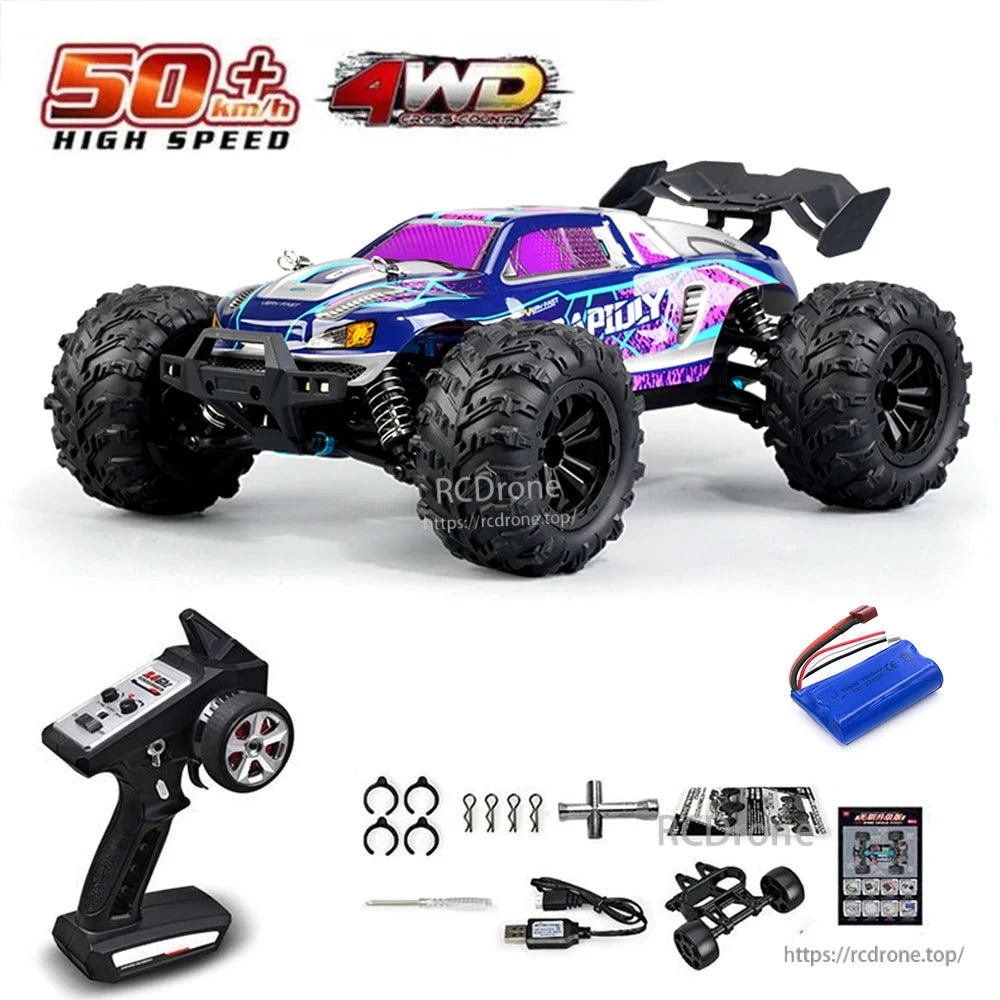1:16 RC Car, High-speed 4WD off-road monster truck with LED lights, metal transmission, and 2.4G remote control, reaching over 50 km/h.