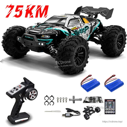 1:16 RC Car, A high-speed RC monster truck with 4WD, brushless motor, LED lights, metal transmission, and 2.4G remote control.