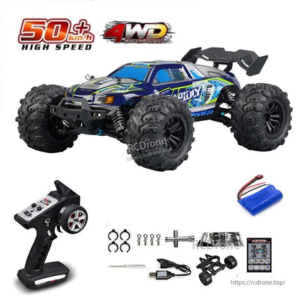 1:16 RC Car, High-speed 4WD off-road monster truck with LED lights, metal transmission, and 2.4G remote control, reaching over 50 km/h.