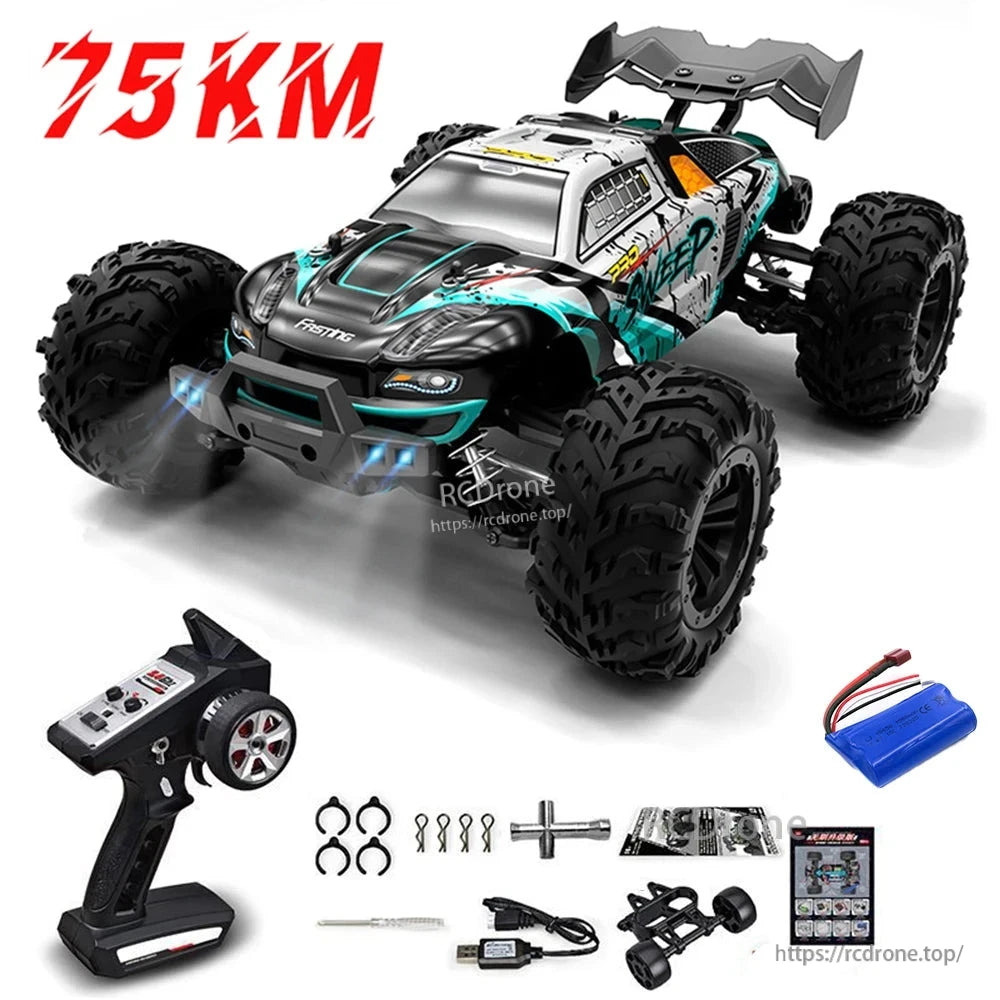 1:16 RC Car, A 75 km/h RC monster truck with 4WD, LED lights, metal transmission, 2.4G remote, and either a brushless or brushed motor.