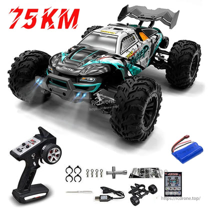 1:16 RC Car, A 75 km/h RC monster truck with 4WD, LED lights, metal transmission, 2.4G remote, and either a brushless or brushed motor.