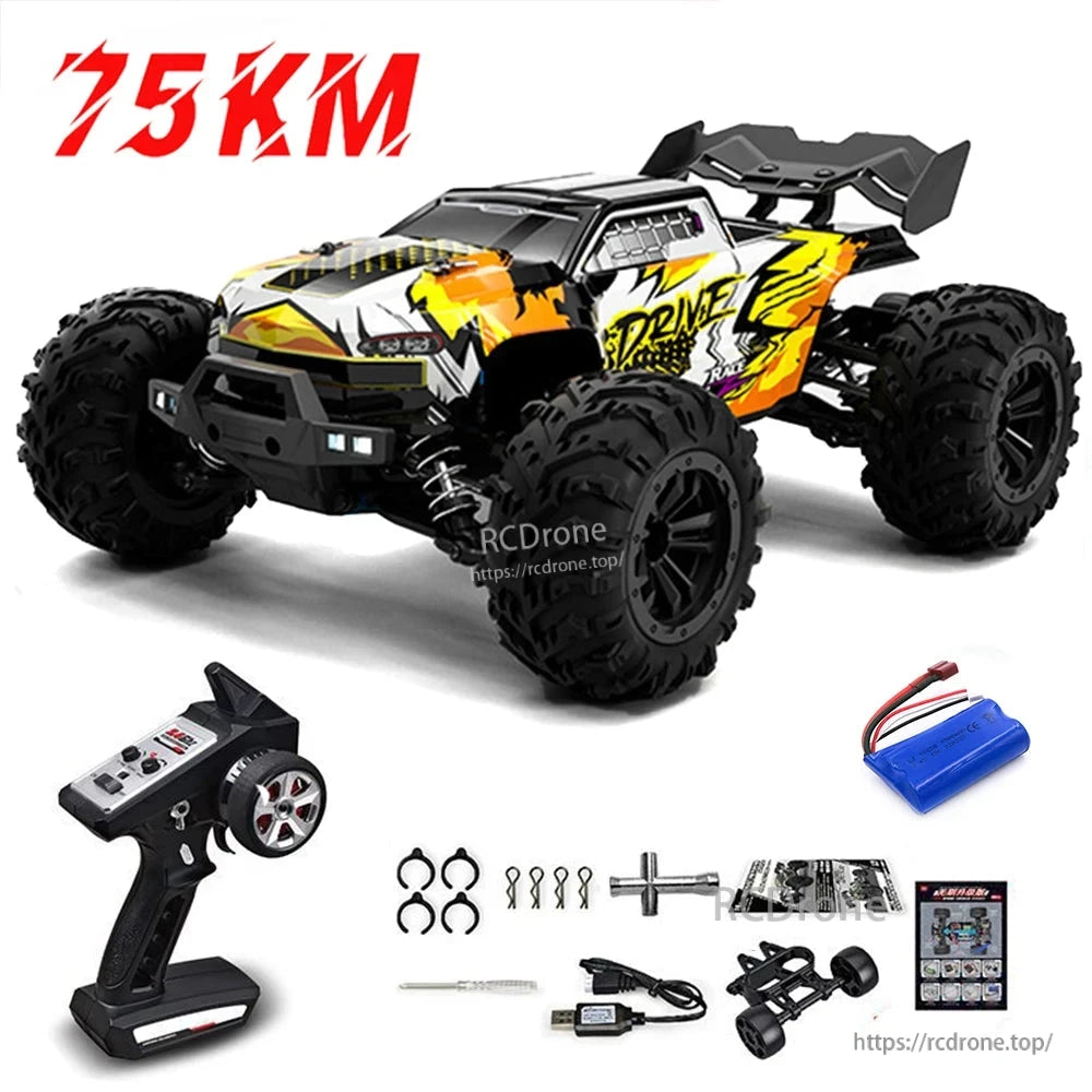 1:16 RC Car, A high-speed RC monster truck with 4WD, LED lights, metal transmission, 2.4G remote control, and either a brushless or brushed motor.