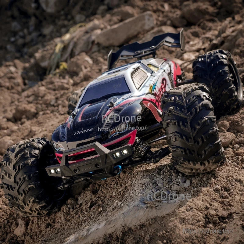 1:16 RC Car, 1:16 RC off-road monster truck with 75KM/H brushless speed, 4WD drift, LED lights, metal transmission, 2.4G remote control, and rugged terrain performance.