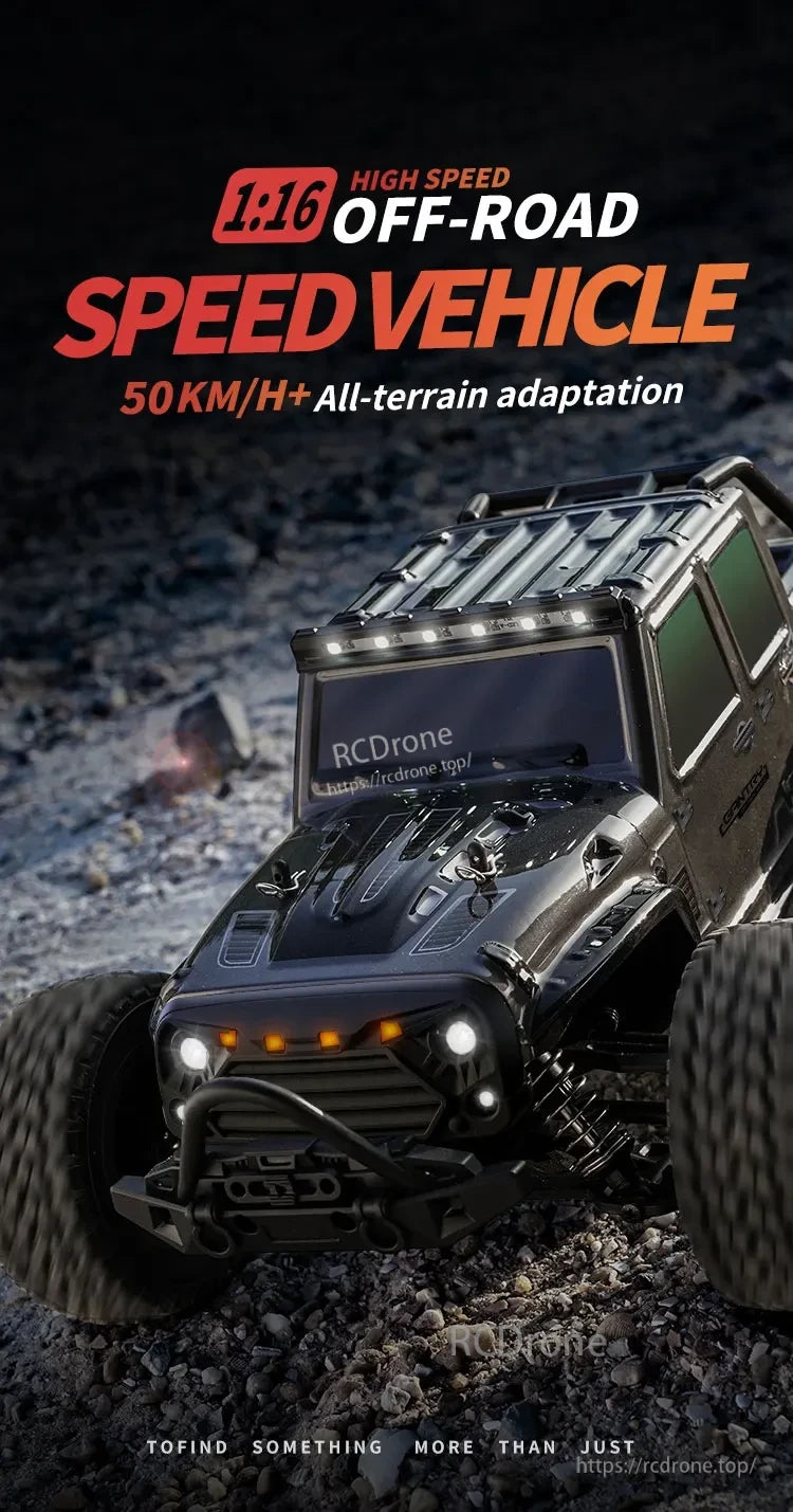 1:16 RC Car, High-speed off-road RC car with 50km/h+ speed, all-terrain capability, and strong performance.