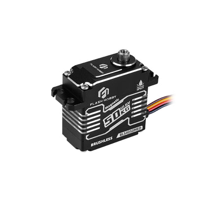 Flashhobby BLS4050MED HV Brushless Digital Servo, Flashhobby BLS4050MED brushless digital servo with black metal case, 60KG label, IP67, and 3-wire lead