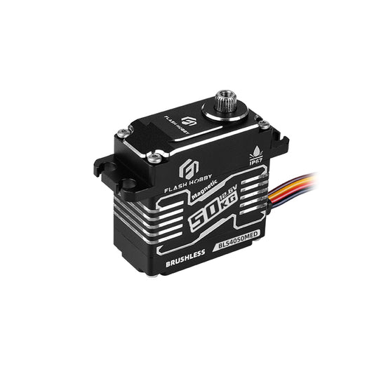 Flashhobby BLS4050MED HV Brushless Digital Servo, Flashhobby BLS4050MED brushless digital servo with black metal case, 60KG label, IP67, and 3-wire lead