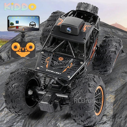 1:18 Rc Car, 1:18 RC off-road buggy with 2.4G remote/app control, HD 2MP FPV camera, alloy body, 3.7V 500mAh battery, and 30–50M range for immersive remote driving experience.
