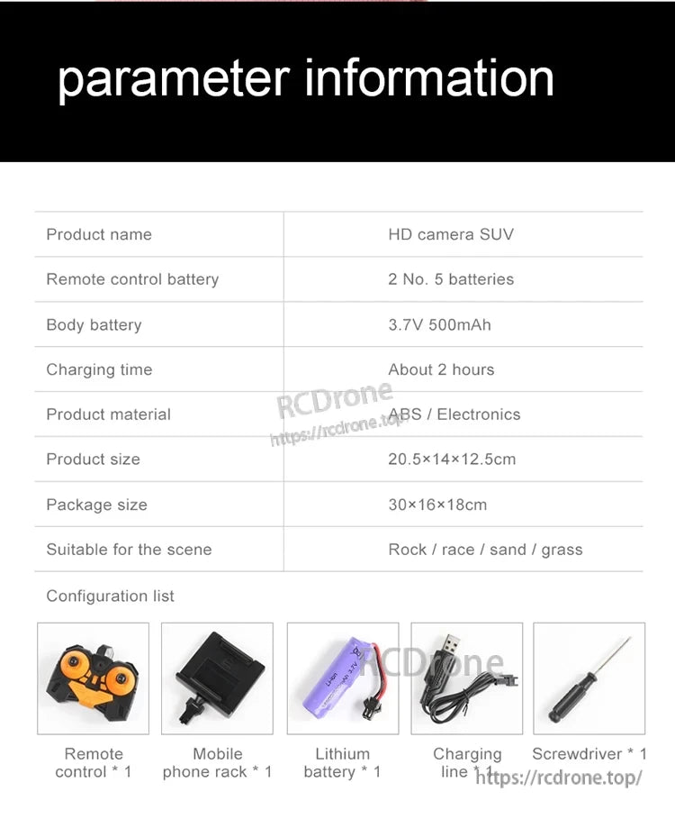 1:18 Rc Car, 1:18 HD camera SUV RC car with 3.7V battery, 2-hour charge, ABS electronics, remote, phone holder, charger, screwdriver—perfect for rock, race, sand, and grass terrains.