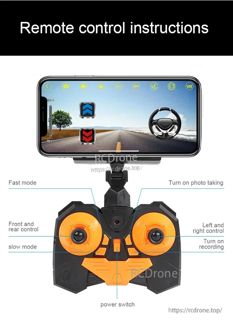 1:18 Rc Car, RC car controller with phone display offers steering, speed modes, and photo/video controls for enhanced remote operation.