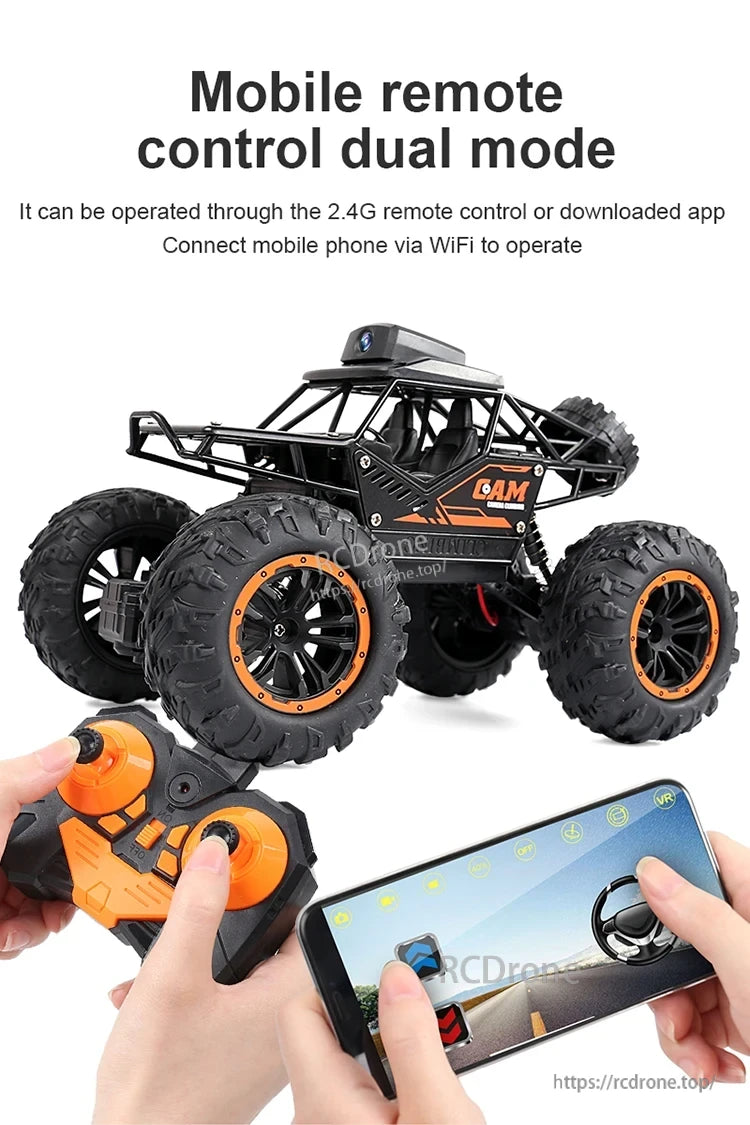 1:18 RC car offers dual control via 2.4G remote or smartphone app over WiFi for versatile operation.