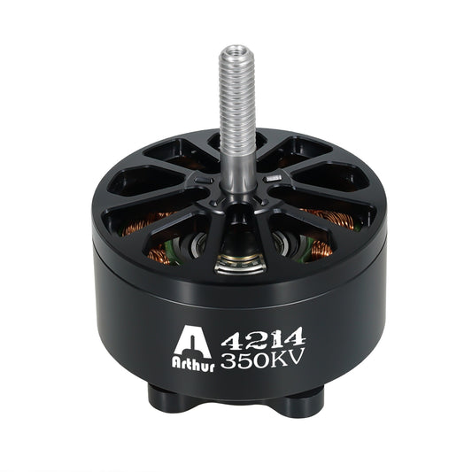 Flashhobby Arthur A4214 350KV brushless motor with black housing, open stator vents, and threaded shaft