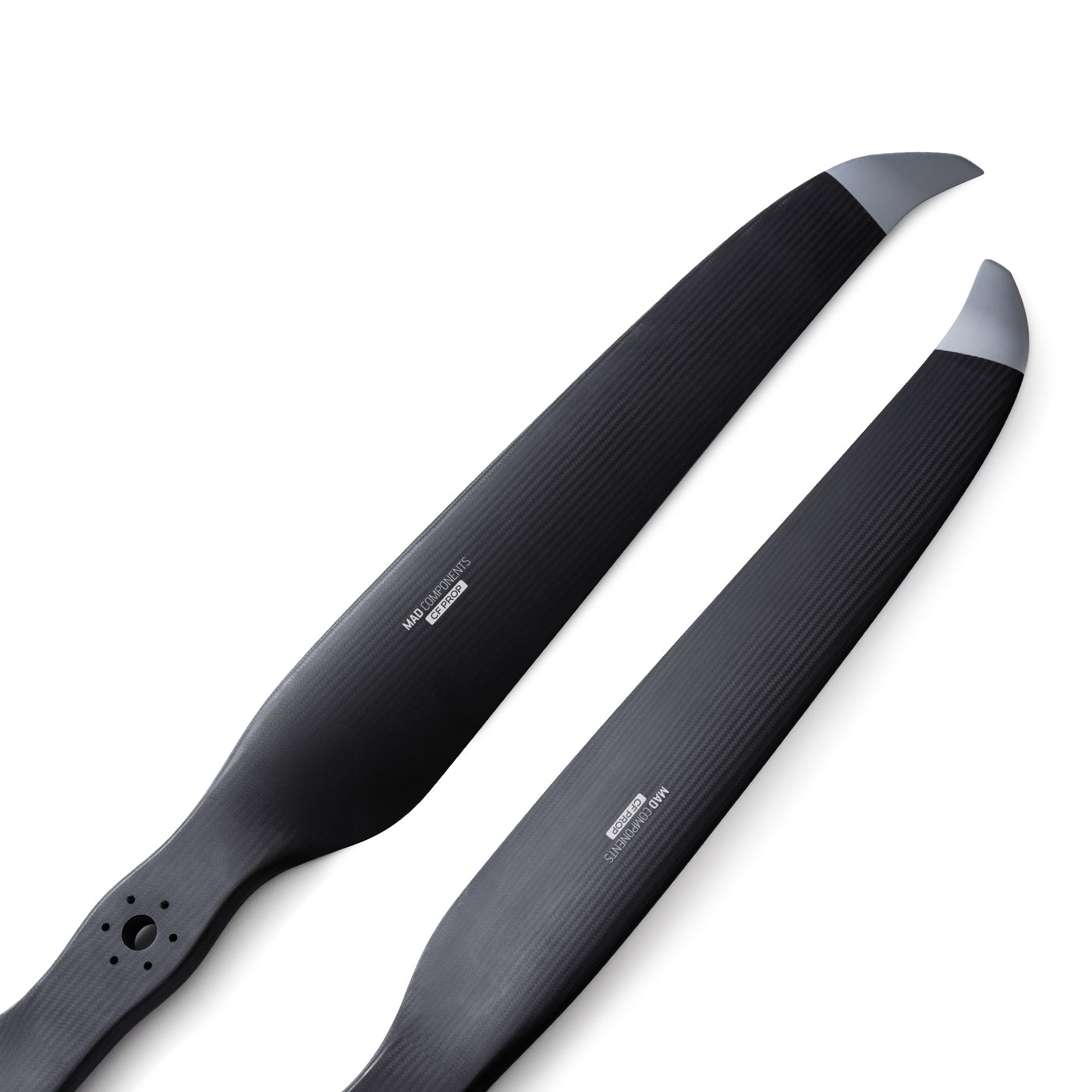 MAD Fluxer Pro 65x18 inch propeller blades in black with gray tips, shown as a matching pair