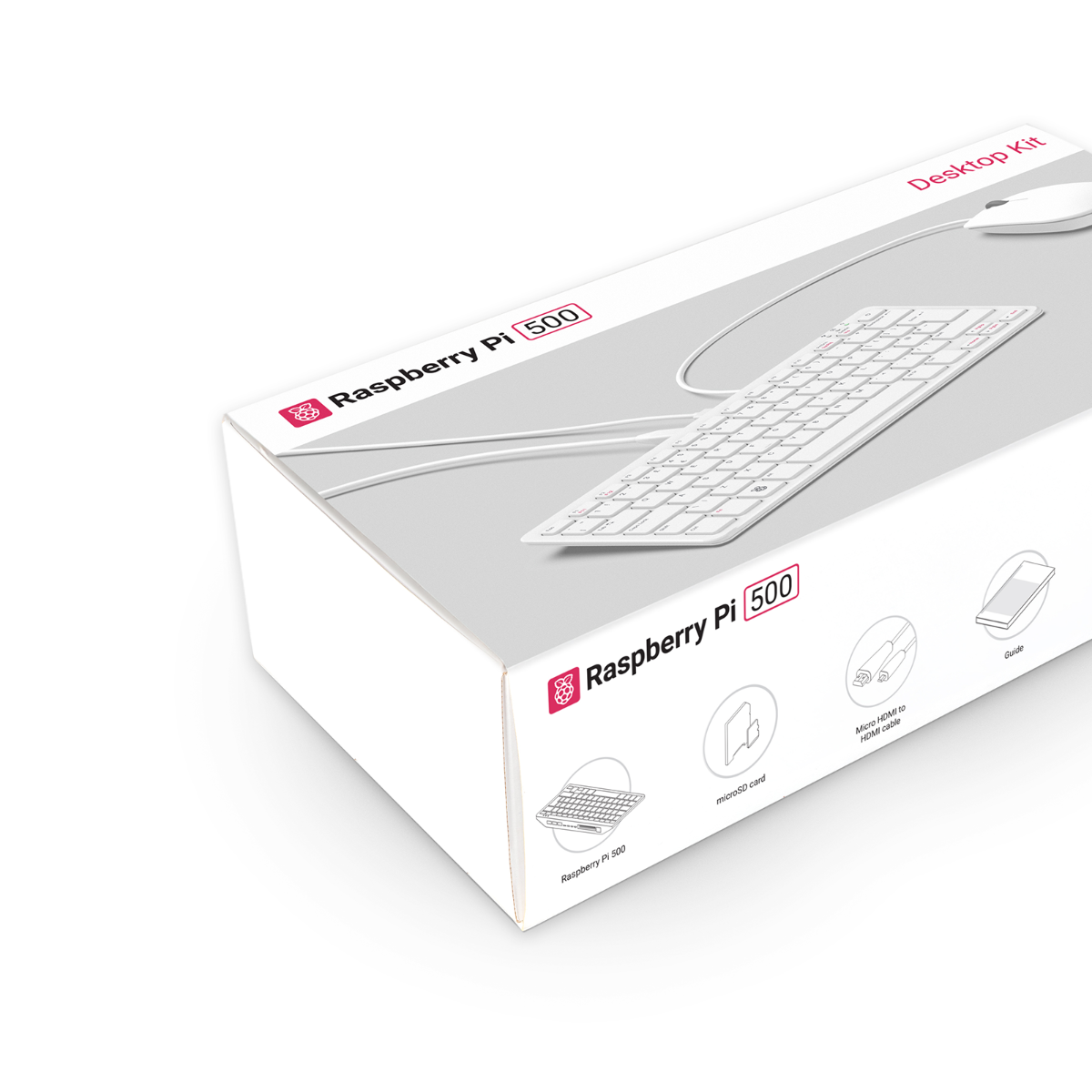 Raspberry Pi 500 Kit, Raspberry Pi 500 Desktop Kit with keyboard, mouse, microSD card, HDMI cable, and guide.