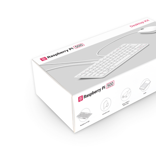 Raspberry Pi 500 Kit, Raspberry Pi 500 Desktop Kit with keyboard, mouse, microSD card, HDMI cable, and guide.