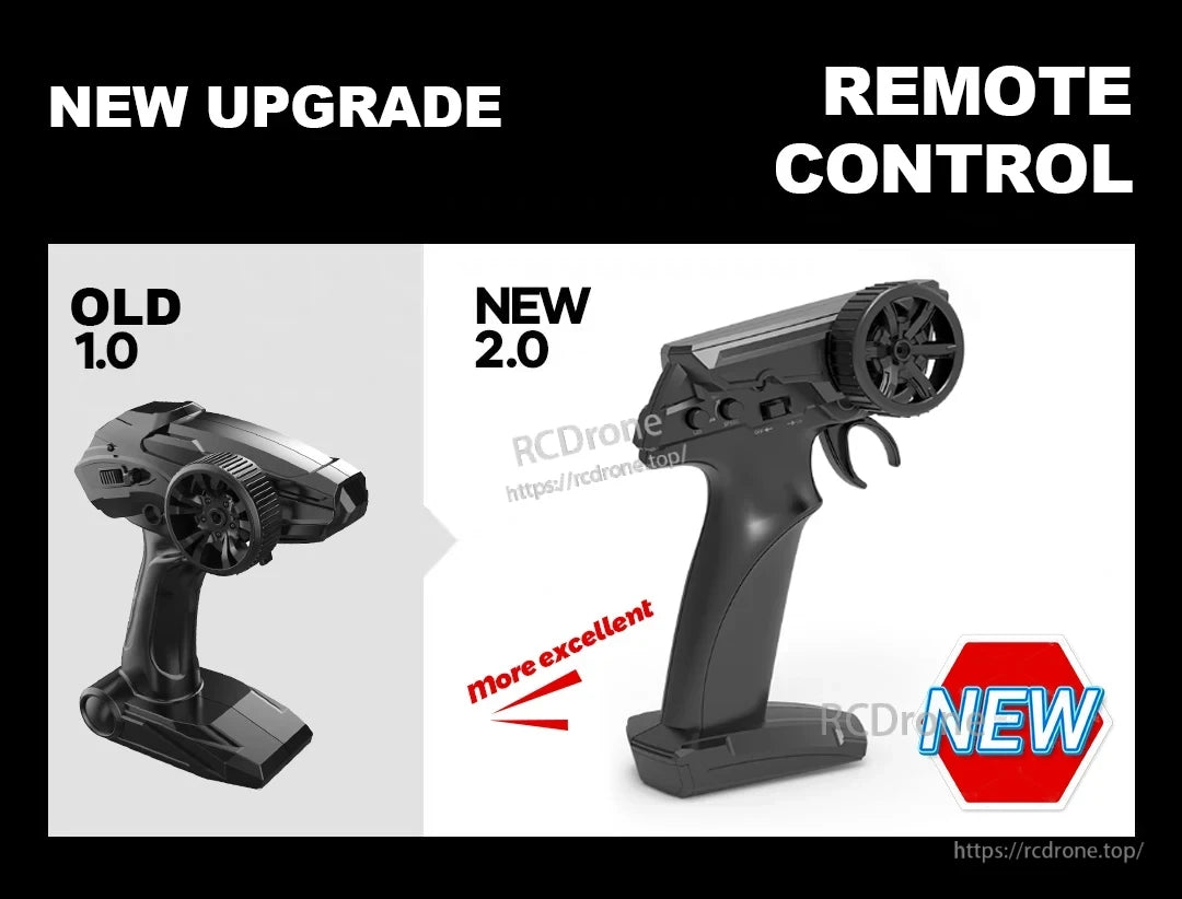 1/20 Scale 4 Wheel Drive Off-Road RC Car, New 2.0 remote control features superior design and enhanced performance compared to the older 1.0 version.